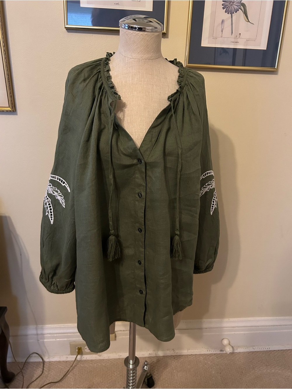 New Charter Club Linen olive green blouse XXL poet bohemian style